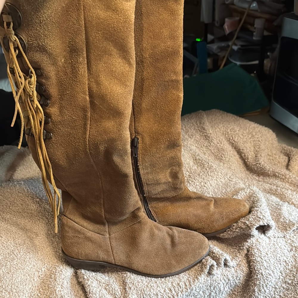 NAUGHTY MONKEY Tan Suede Leather Knee-High Boots — 6.5